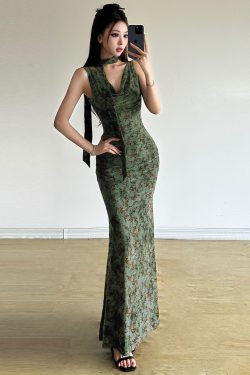 Flowing Collar Fishtail Long Dress for Women in Green Pine - Body-Hugging Chinese Style with Ancient Rhyme Design