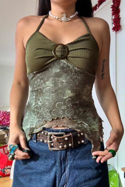 Forest Element Women's Backless Slim Top with Ruffled Edge, Round Neck, Spliced Strap Design - Trendy Niche Fashion