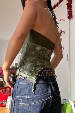 Forest Element Women's Backless Slim Top with Ruffled Edge, Round Neck, Spliced Strap Design - Trendy Niche Fashion