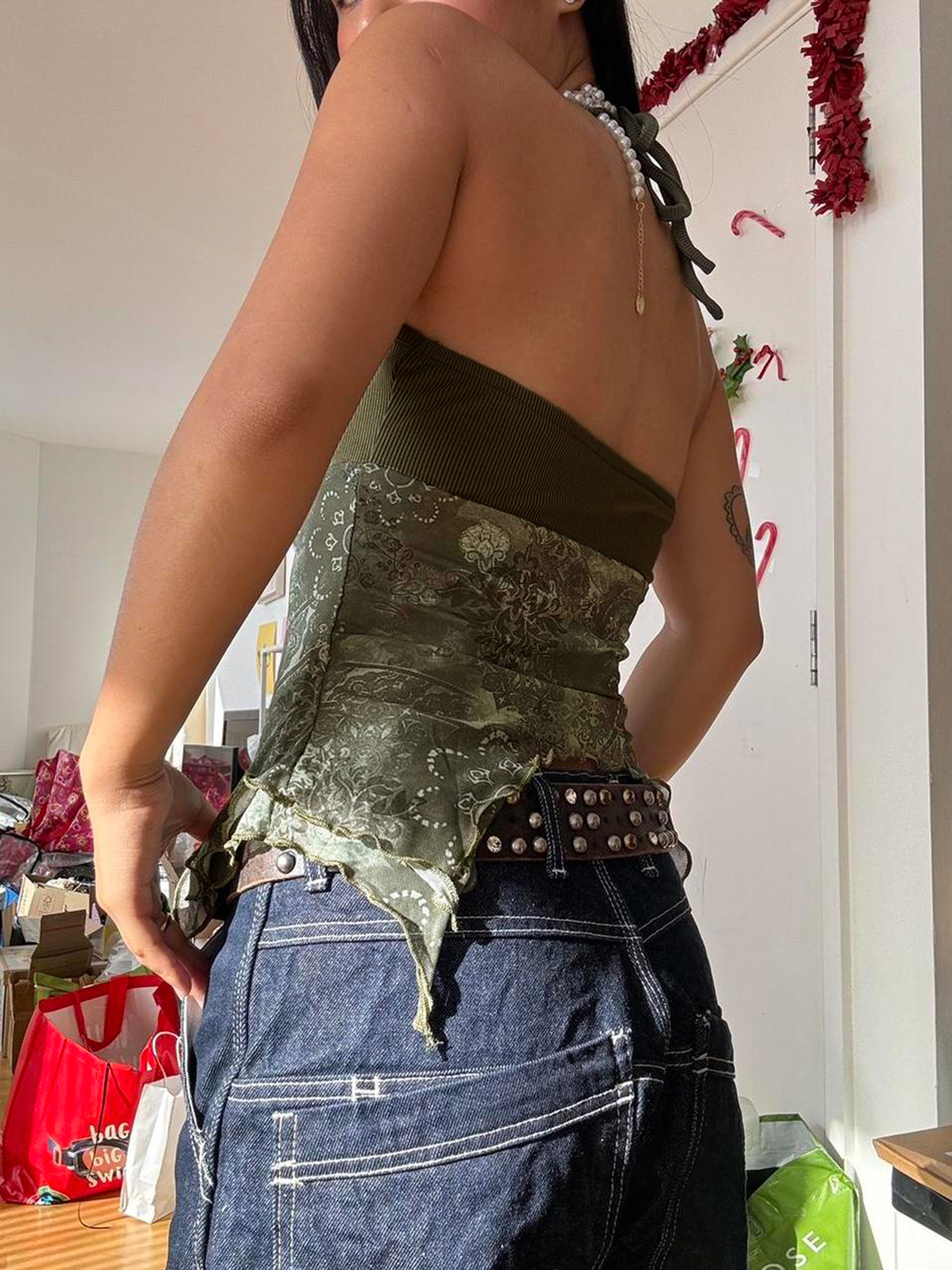 Forest Element Women's Backless Slim Top with Ruffled Edge, Round Neck, Spliced Strap Design - Trendy Niche Fashion Forest Element Women's Backless Slim Top with Ruffled Edge, Round Neck, Spliced Strap Design - Trendy Niche Fashion