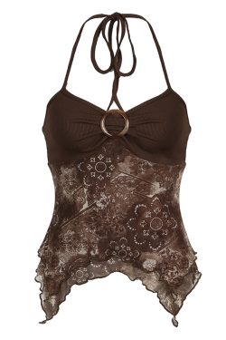 Forest Element Women's Backless Slim Top with Ruffled Edge, Round Neck, Spliced Strap Design - Trendy Niche Fashion