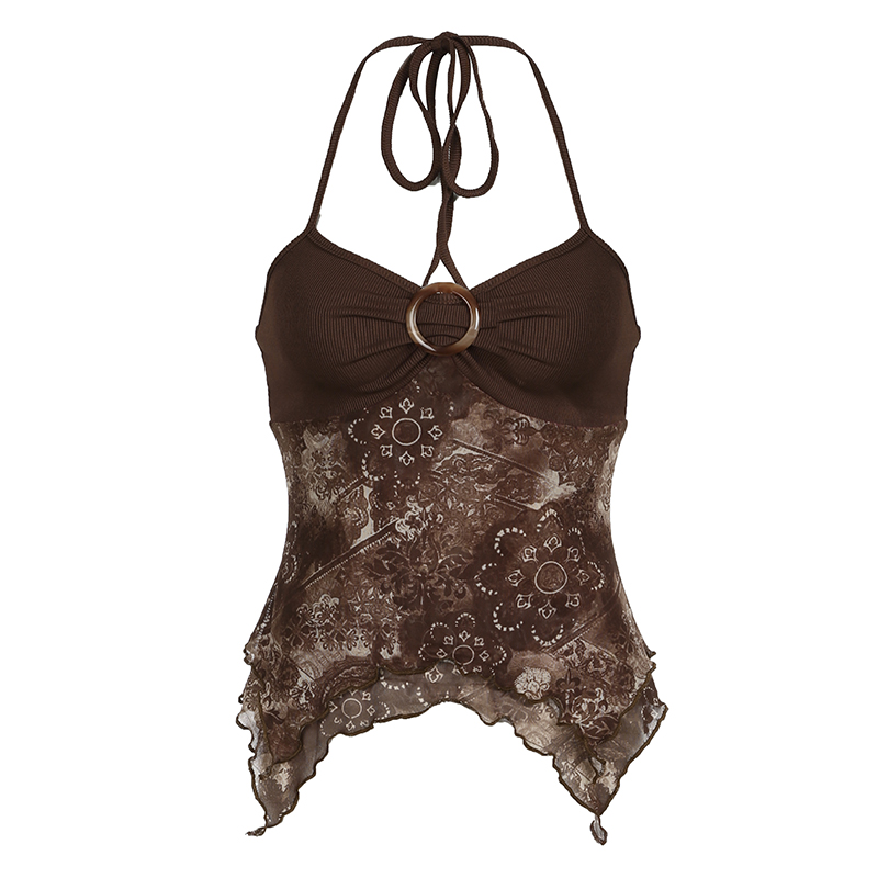 Forest Element Women's Backless Slim Top with Ruffled Edge, Round Neck, Spliced Strap Design - Trendy Niche Fashion Forest Element Women's Backless Slim Top with Ruffled Edge, Round Neck, Spliced Strap Design - Trendy Niche Fashion