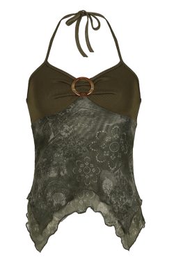 Forest Element Women's Backless Slim Top with Ruffled Edge, Round Neck, Spliced Strap Design - Trendy Niche Fashion