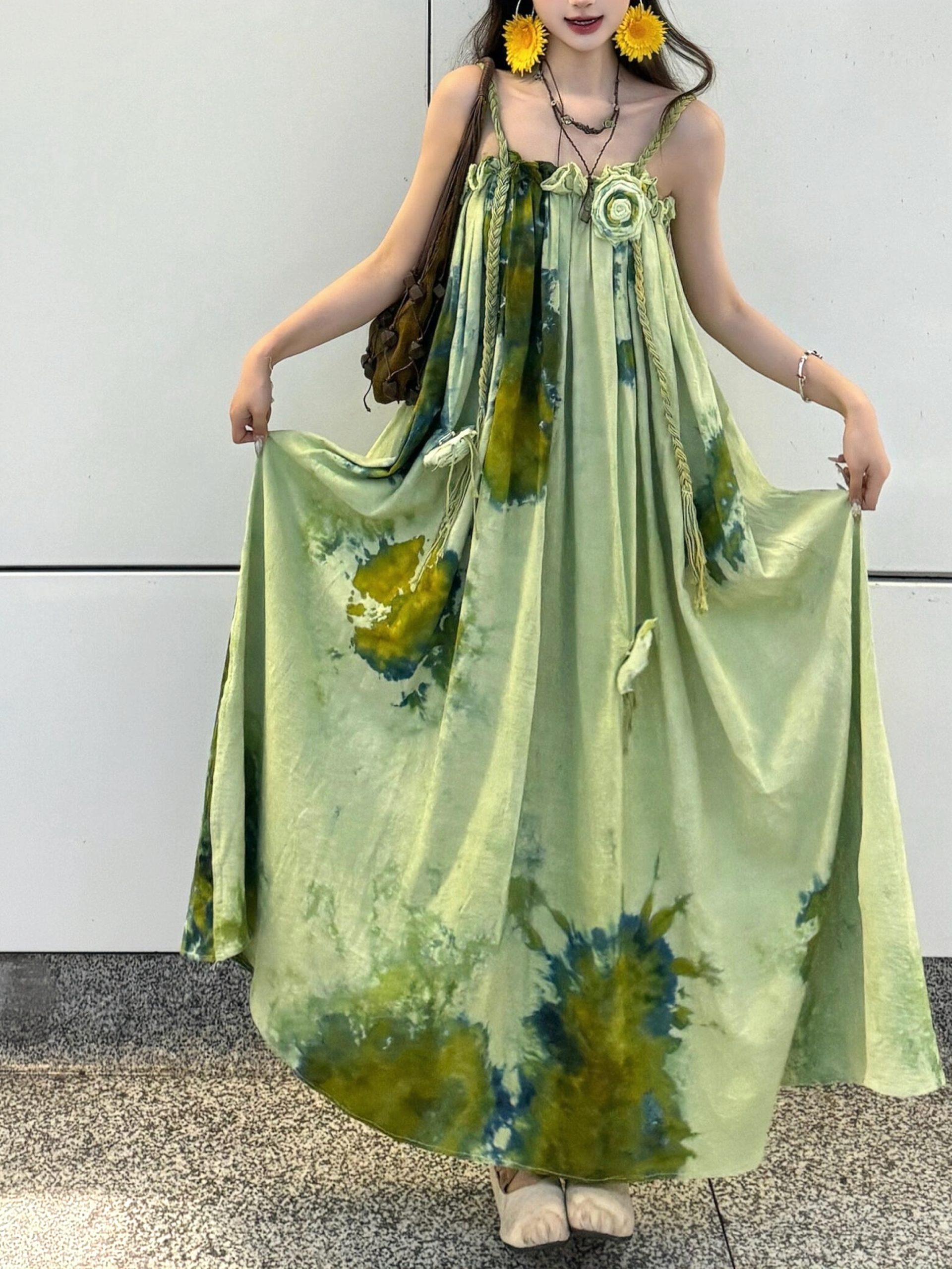 Forest Fairy Watercolor Gradient Printed Vest Dress with 3D Flower Woven Straps - Boho Vacation Style, Summer Fashion Forest Fairy Watercolor Gradient Printed Vest Dress with 3D Flower Woven Straps - Boho Vacation Style, Summer Fashion