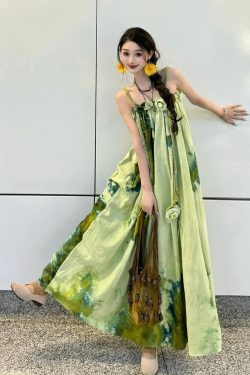 Forest Fairy Watercolor Gradient Printed Vest Dress with 3D Flower Woven Straps - Boho Vacation Style, Summer Fashion
