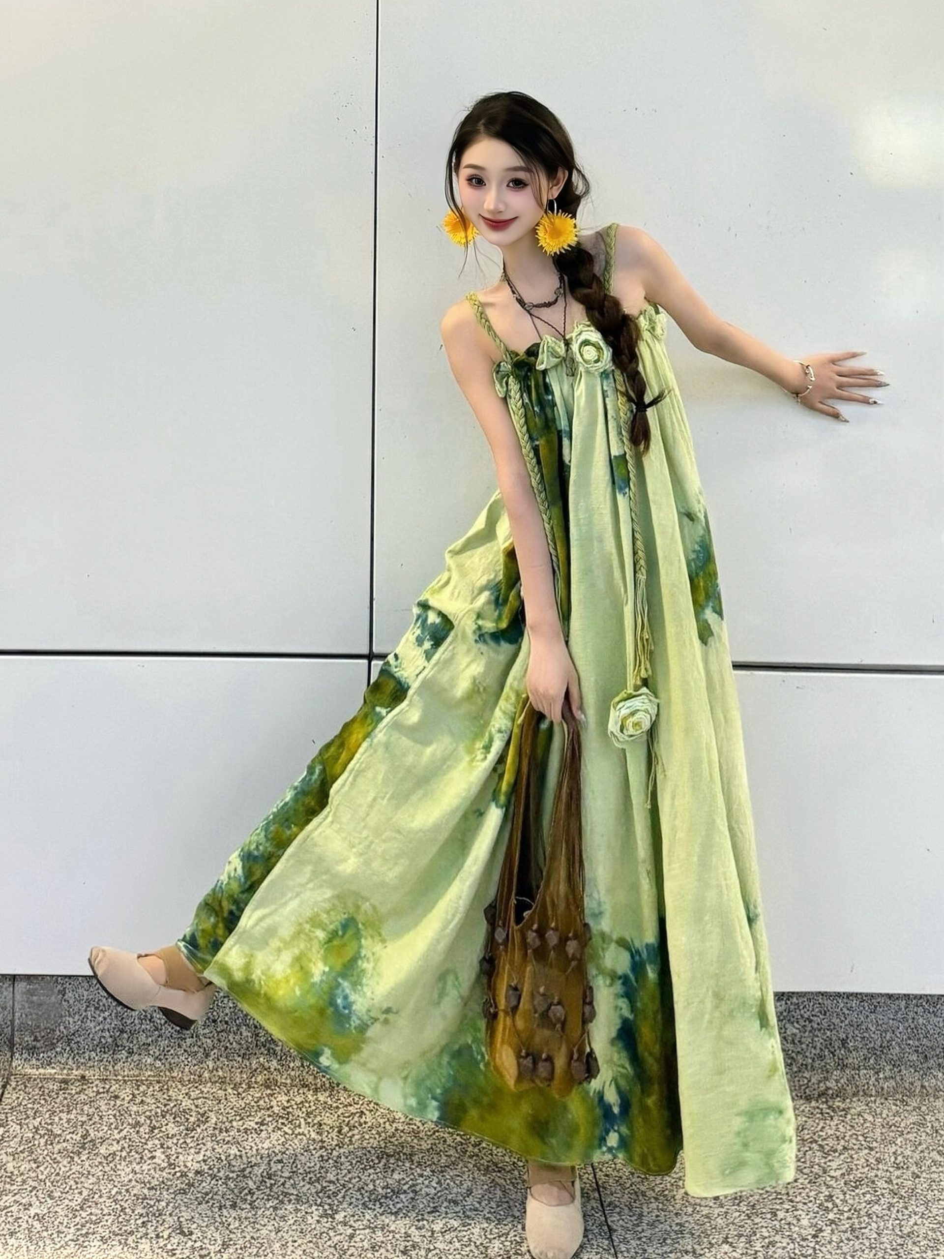 Forest Fairy Watercolor Gradient Printed Vest Dress with 3D Flower Woven Straps - Boho Vacation Style, Summer Fashion Forest Fairy Watercolor Gradient Printed Vest Dress with 3D Flower Woven Straps - Boho Vacation Style, Summer Fashion