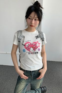 Forget Love Y2K Cartoon Graphic Slim-Fit White T-Shirt for Women - Casual Short Sleeve Tee