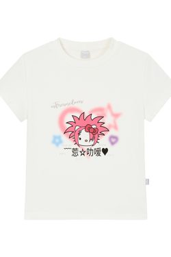 Forget Love Y2K Cartoon Graphic Slim-Fit White T-Shirt for Women - Casual Short Sleeve Tee
