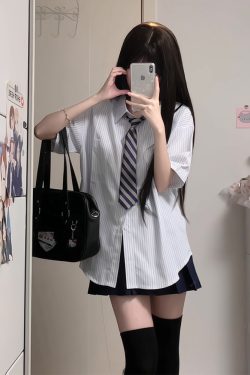 Four-Piece JK Uniform Set for Women: Striped Long Sleeve Shirt, Loose Fit, Pleated Skirt - Trendy 2024 Autumn Style