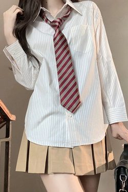 Four-Piece JK Uniform Set for Women: Striped Long Sleeve Shirt, Loose Fit, Pleated Skirt - Trendy 2024 Autumn Style