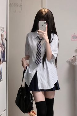 Four-Piece JK Uniform Set for Women: Striped Long Sleeve Shirt, Loose Fit, Pleated Skirt - Trendy 2024 Autumn Style