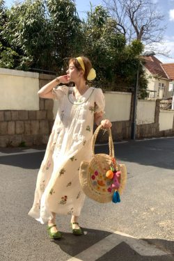 Fragrant Grass Flower Embroidered Shirt Dress for Women - Retro Ramie Summer Dress with Loose Puff Sleeves