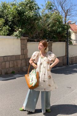 Fragrant Grass Flower Embroidered Shirt Dress for Women - Retro Ramie Summer Dress with Loose Puff Sleeves