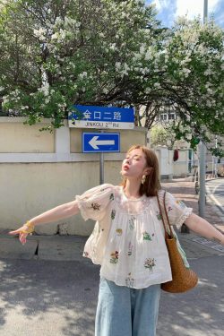 Fragrant Grass Flower Embroidered Shirt Dress for Women - Retro Ramie Summer Dress with Loose Puff Sleeves