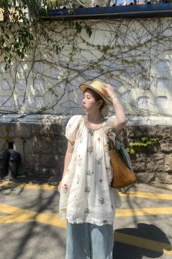 Fragrant Grass Flower Embroidered Shirt Dress for Women - Retro Ramie Summer Dress with Loose Puff Sleeves