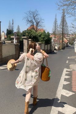 Fragrant Grass Flower Embroidered Shirt Dress for Women - Retro Ramie Summer Dress with Loose Puff Sleeves