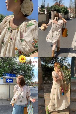Fragrant Grass Flower Embroidered Shirt Dress for Women - Retro Ramie Summer Dress with Loose Puff Sleeves