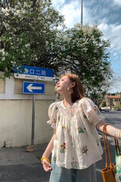 Fragrant Grass Flower Embroidered Shirt Dress for Women - Retro Ramie Summer Dress with Loose Puff Sleeves