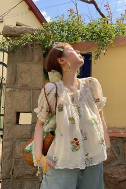 Fragrant Grass Flower Embroidered Shirt Dress for Women - Retro Ramie Summer Dress with Loose Puff Sleeves