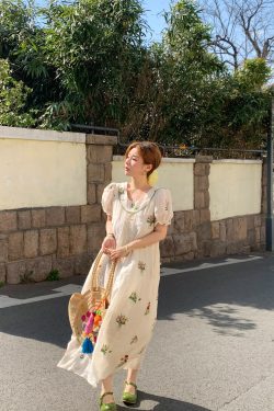 Fragrant Grass Flower Embroidered Shirt Dress for Women - Retro Ramie Summer Dress with Loose Puff Sleeves