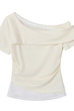 Fragrant Taro Purple Women's Summer Short Sleeve Top with Lace Trim - Irregular Waist Faux Two-Piece T-Shirt, Y2K Style