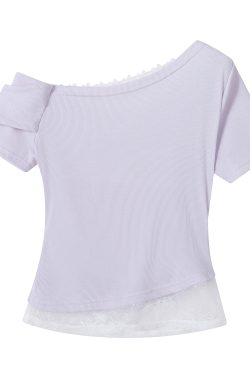 Fragrant Taro Purple Women's Summer Short Sleeve Top with Lace Trim - Irregular Waist Faux Two-Piece T-Shirt, Y2K Style