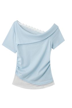 Fragrant Taro Purple Women's Summer Short Sleeve Top with Lace Trim - Irregular Waist Faux Two-Piece T-Shirt, Y2K Style