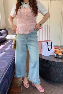 Frayed Denim Cropped Pants for Women – Plus Size Slimming Loose Wide Leg Summer 2025 Fashion