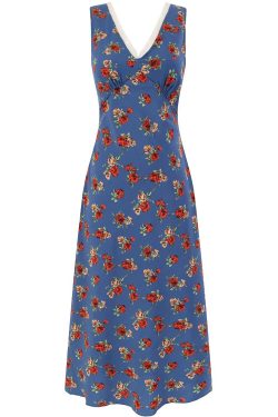 French Blue Floral V-Neck Long Dress for Women - Summer 2025 Vacation Style, Elegant and Chic Fashion for Every Occasion