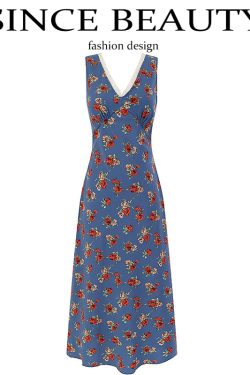 French Blue Floral V-Neck Long Dress for Women - Summer 2025 Vacation Style, Elegant and Chic Fashion for Every Occasion