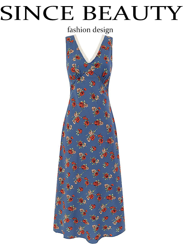 French Blue Floral V-Neck Long Dress for Women - Summer 2025 Vacation Style, Elegant and Chic Fashion for Every Occasion French Blue Floral V-Neck Long Dress for Women - Summer 2025 Vacation Style, Elegant and Chic Fashion for Every Occasion