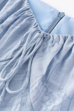 French Blue Jacquard Puff Sleeve Dress for Women - 2025 Summer Asymmetrical Long Skirt, Resort Style, Elegant Fashion