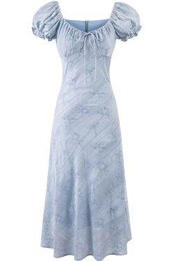 French Blue Jacquard Puff Sleeve Dress for Women - 2025 Summer Asymmetrical Long Skirt, Resort Style, Elegant Fashion