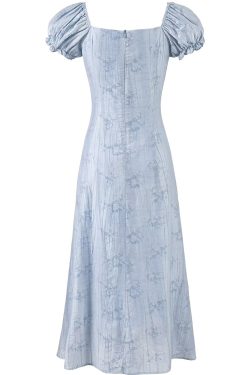 French Blue Jacquard Puff Sleeve Dress for Women - 2025 Summer Asymmetrical Long Skirt, Resort Style, Elegant Fashion