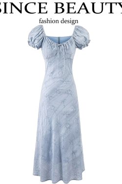 French Blue Jacquard Puff Sleeve Dress for Women - 2025 Summer Asymmetrical Long Skirt, Resort Style, Elegant Fashion