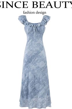 French Blue Ombre Jacquard Ruffled Sleeve Dress for Women - 2025 Summer Vacation Style
