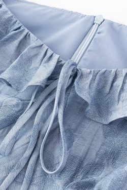 French Blue Ombre Jacquard Ruffled Sleeve Dress for Women - 2025 Summer Vacation Style