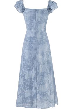 French Blue Ombre Jacquard Ruffled Sleeve Dress for Women - 2025 Summer Vacation Style