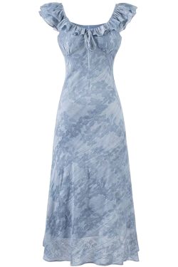 French Blue Ombre Jacquard Ruffled Sleeve Dress for Women - 2025 Summer Vacation Style