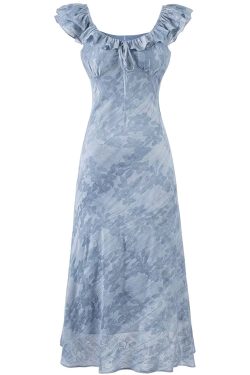 French Blue Ombre Jacquard Ruffled Sleeve Dress for Women - 2025 Summer Vacation Style