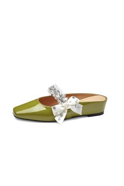 French Fashion Fairy Style Bow Sandals for Women - Versatile Closed-Toe Rhinestone Half-Slippers