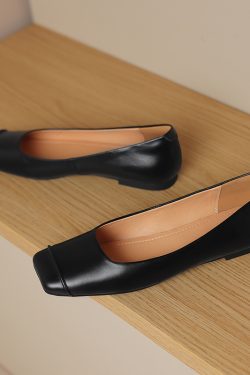 French Genuine Leather Soft Bottom Square Toe Flat Shoes for Women – Maternity Ballet Flats for Summer, Comfortable and Stylish