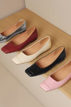 French Genuine Leather Soft Bottom Square Toe Flat Shoes for Women – Maternity Ballet Flats for Summer, Comfortable and Stylish