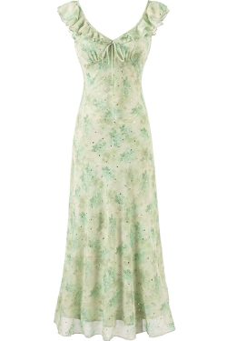 French Green Gradient V-Neck Dress for Women - Summer 2025 Long Vacation Style Dress, Trendy and Stylish