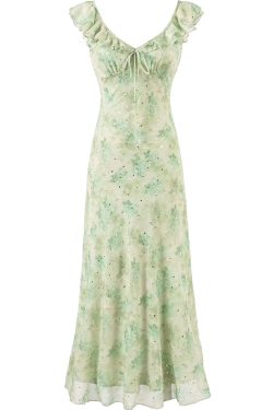 French Green Gradient V-Neck Dress for Women - Summer 2025 Long Vacation Style Dress, Trendy and Stylish