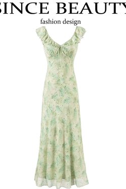 French Green Gradient V-Neck Dress for Women - Summer 2025 Long Vacation Style Dress, Trendy and Stylish