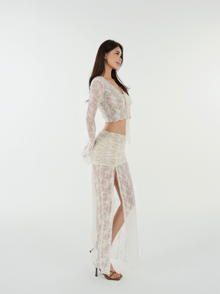 French Lace Jacquard Tie Cardigan and High-Slit Skirt Set - Chic 90s Inspired Women's Fashion Ensemble French Lace Jacquard Tie Cardigan and High-Slit Skirt Set - Chic 90s Inspired Women's Fashion Ensemble