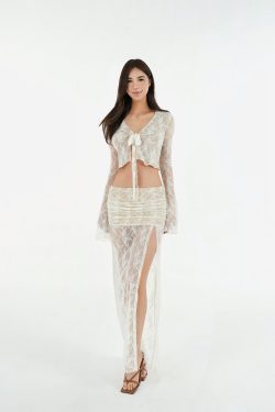 French Lace Jacquard Tie Cardigan and High-Slit Skirt Set - Chic 90s Inspired Women's Fashion Ensemble