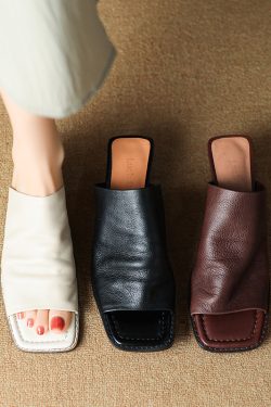 French Minimalist Genuine Leather Half-Mule Mid-Heel Open-Toe Sandals - Italian Style Summer Footwear