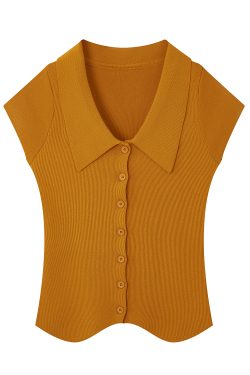 French Pumpkin Color Ice Silk Knitted Short Sleeve T-Shirt for Women, Unique Summer Cardigan Top with Flying Sleeves